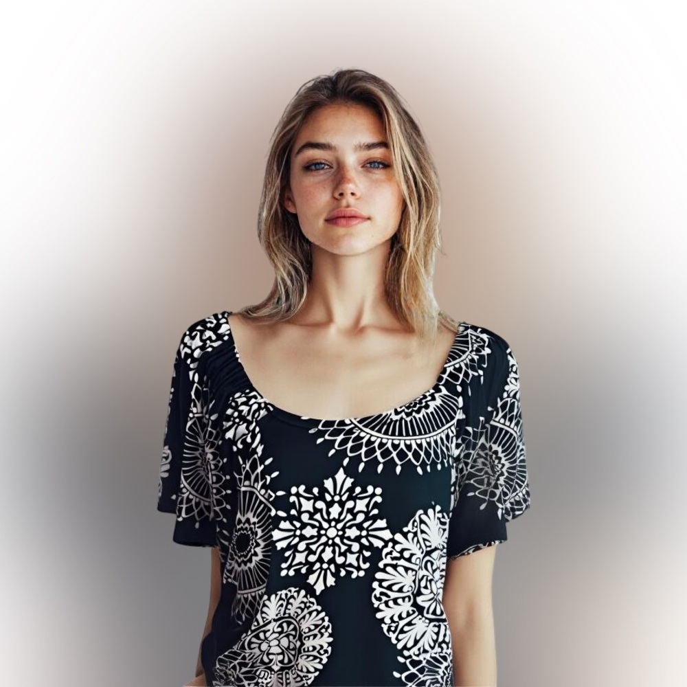Sushi Flower black white blouse floral geometric print size medium oversized